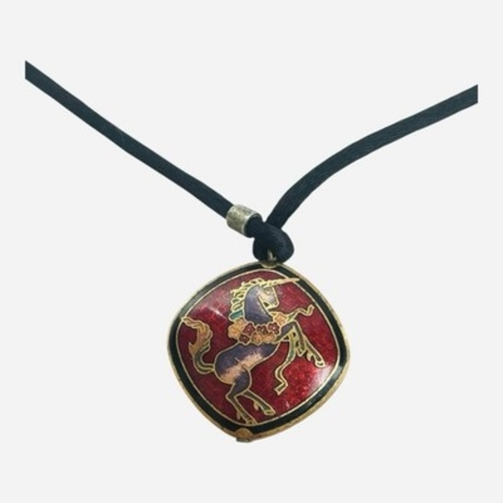VNTG Red Gold Enamel Cloisonne Horse Unicorn Double Sided Pendant Cord Necklace